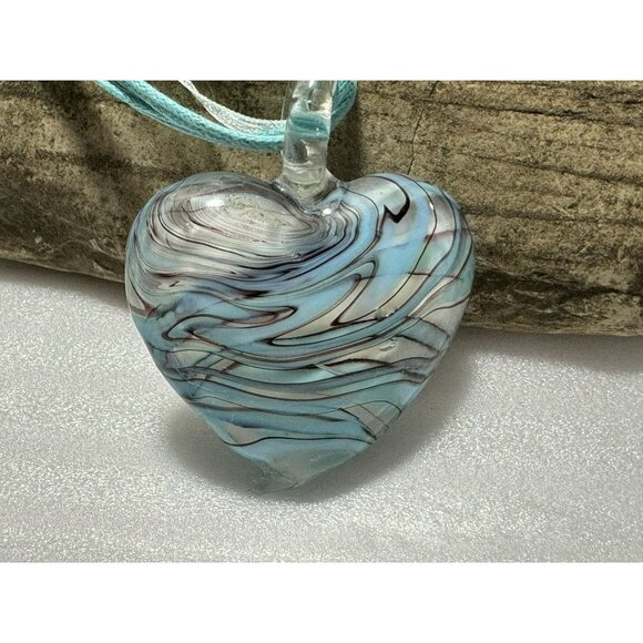 Puffed Heart Murano Glass Pendant Blue Swirl Black Outline Adjustable Chain - Picture 2 of 4